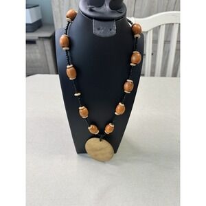 Boho Tribal Wood Beaded Necklace Large Disc Pendant Ethnic Statement Bohemian